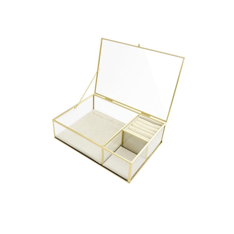 Smykkecenter stort smykkeskrin i glas og messingforgyldt metal med creme velour – rummeligt og elegant opbevaringsskrin.